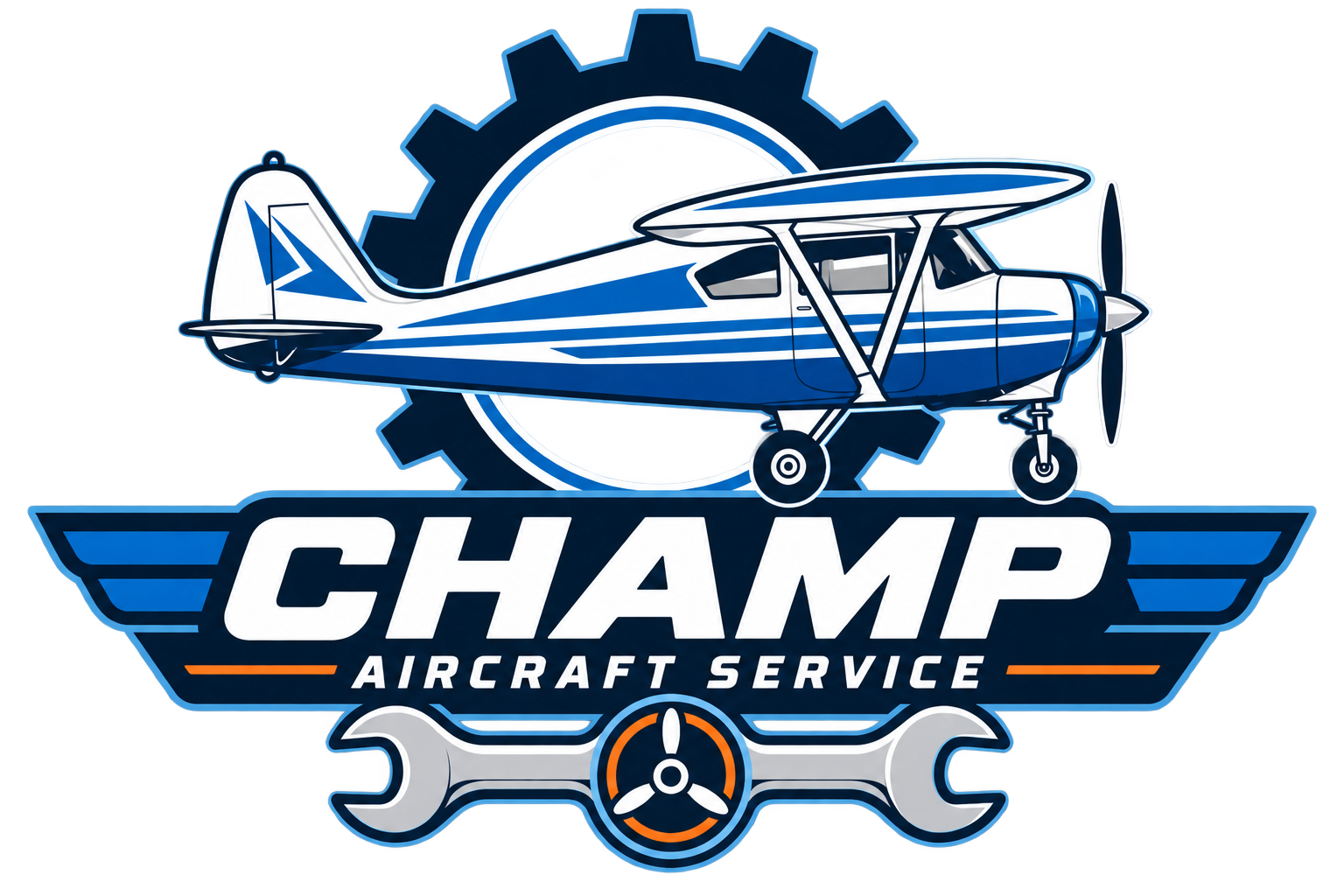 Champ Aircraft Service logo featuring a blue and white aircraft, gear and wrenches
